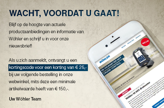 Smartphone met website van Wöhler en tekst over kortingscode en nieuwsbriefaanmelding